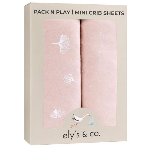 Ely’s & Co. Pack and Play Sheets, for Mini/Portable Crib, 2 Pack Fitted Playpen Play Yard Sheet Set Compatible with Graco Pack n Play, for Baby Girls, 100% Cotton, Pink Gingko Collection, 38”x24”x5”