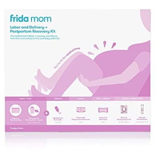 Frida Mom Hospital Packing Kit for Labor, Delivery, & Postpartum | Nursing Gown, Socks, Peri Bottle, Disposable Underwear, Ice Maxi Pads, Pad Liners, Perineal Foam, Toiletry Bag, 15 Piece Set