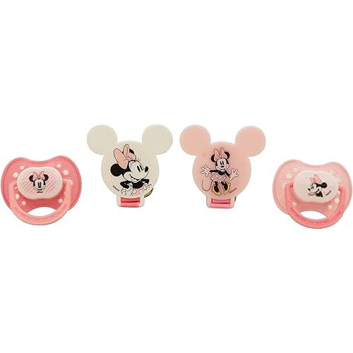 Disney Cudlie Minnie Mouse Baby Girl 4 Pack of 2 Pacifiers & 2 Clips with Hearts for Min Print