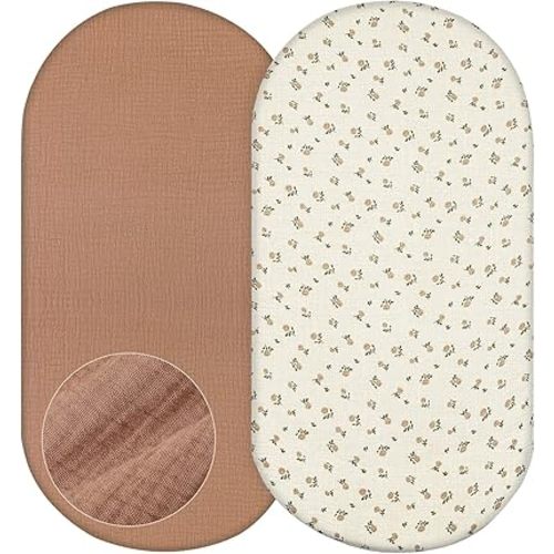Basumee Baby Bassinet Sheets 2 Pack Muslin Bassinet Mattress Sheets for Boys Girls Soft Breathable Bedside Bassinet Fitted Sheet with Bottom Elastic Band 33''x17''x4'' Fit for Rectangle Oval Hourglass