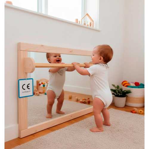 Montessori safety mirror with bar, Baby mirror, Montessori baby mirror, Montessori mirror, White Montessori mirror