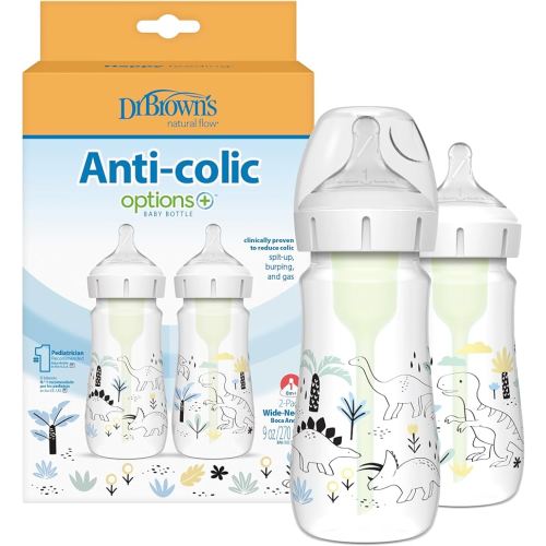 Dr. Brown's Natural Flow® Anti-Colic Options+™ Wide-Neck Baby Bottle Designer Edition Bottles, Dino Decos, 9oz/270mL, Level 1 Nipple, 2-Pack, 0m+