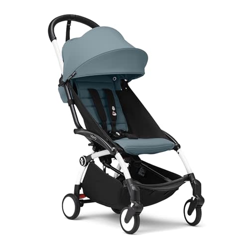 Stokke YOYO3 Stroller from 6 Months - Includes White Frame/Aqua Seat Cushion + Canopy - Folds in & Out in a Flash - Light & Compact - Carry-On Compatible