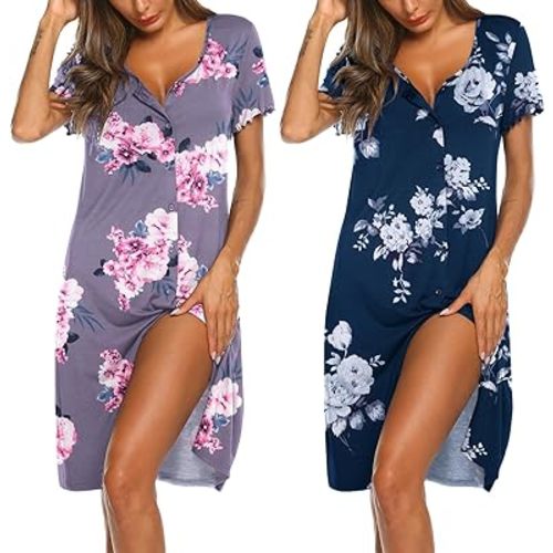 Ekouaer 2 Pack Nightgowns for Women Button Down Night Shirts Short Sleeve Sleep Shirts V Neck Sleepwear Pajama Dress