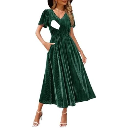 Women's Nursing Short Sleeve V Neck Velvet Maxi Dress Flowy Wedding Party Dresses with Pockets