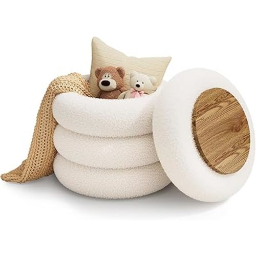 Soft Teddy Round Ottoman with Tray, 17.5 Inches Ottoman Coffee Table with Storage for Living Room, Vanity Stool with Storage Bedroom, Load up to 300 lb, No Assembly Required (White)