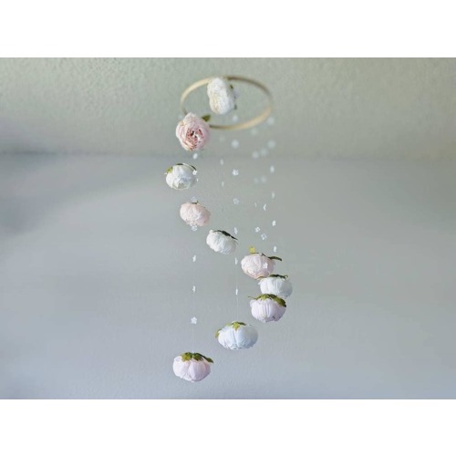 Handmade Peony Baby Mobile – Ice Pink and White Floral Crib Decor