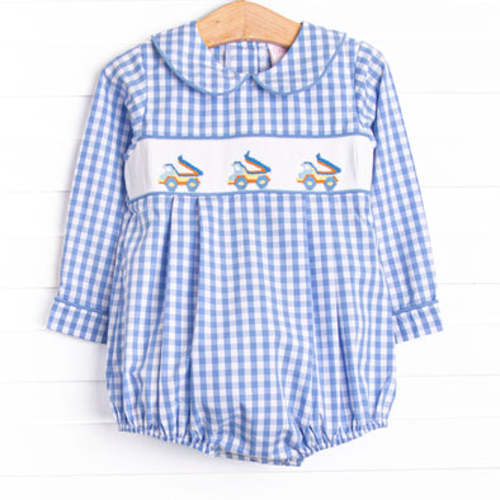 Dump Truck Trio Smocked Bubble, Blue – Stitchy Fish