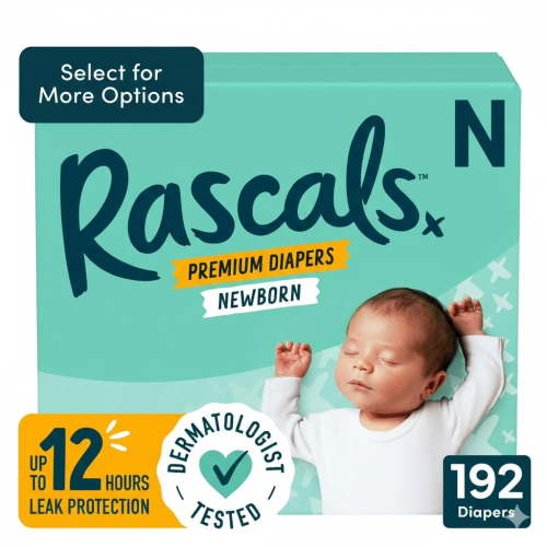 Rascals Premium Newborn Absorbent Baby Diapers Newborn, 192 Count, with 5 Sensitive Infant Wipes