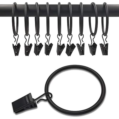 WeeksEight 40 Pack Black Curtain Rings with Clips, Curtain Hooks Hangers Clip Rings for Hanging Drapes Bows Hat, Drapery Rings 1.77 in I D, Fits up to 1.5 in Diameter Curtain Rod.