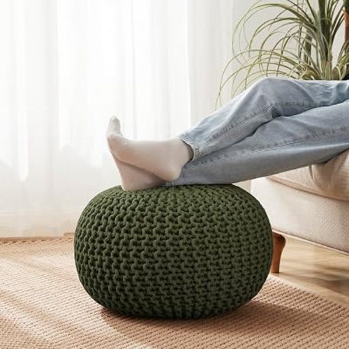 Pouf Ottoman Foot Rest Stuffed – 20” Diameter x 14” Tall Cozy Floor Pouf for Living Room, Bedroom, Nursery & More – 100% Cotton Knit Shell, EPS Bead Filled Footrest & Accent Chair, Green