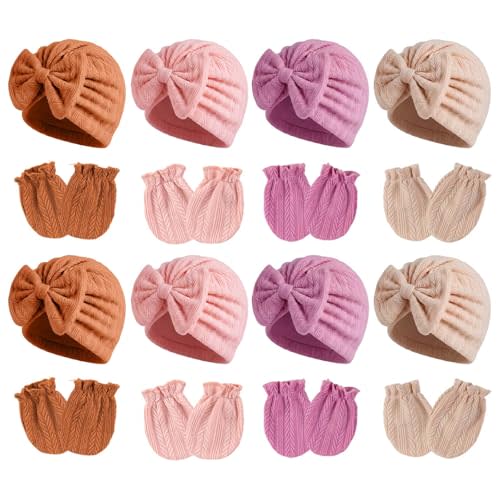 Newborn Baby Girl Hats Mittens Set Cotton Hospital Bow Hat Beanies Caps Gloves for New Born Girls 0-6 Months