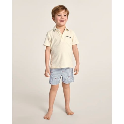 Boys Embroidered Flag Seersucker Swim Trunks - Swim Shop - Blue