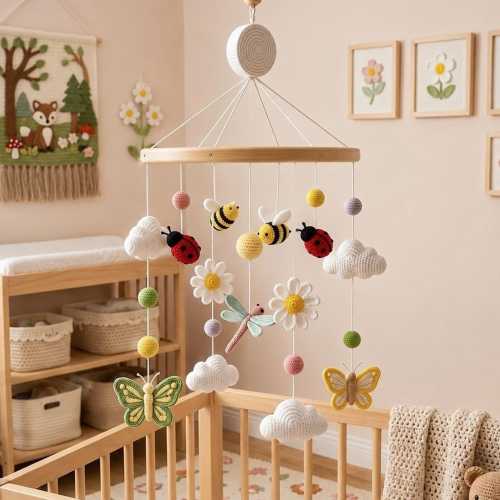 Crochet Insect Baby Mobile, Bee Ladybug Butterfly Dragonfly Daisy Crib Decor