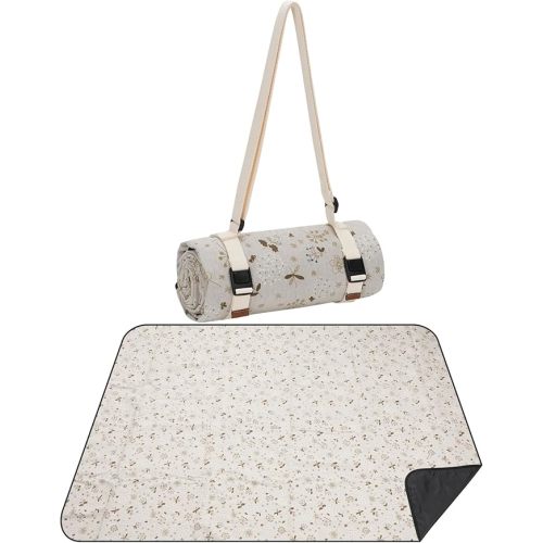 WILLOW WEAVE Large Picnic Blanket, Beach Mat Sand Free Washable, Waterproof Camping Emergency Blankets, Picnic Baskets Accessories with Waterproof Backing and Shoulder Strap - WhiteKapok
