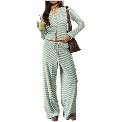 WDIRARA Women's Striped 2 Piece Pants Outfits Long Sleeve Button Down Knit Top Set Leisure Fall Casual