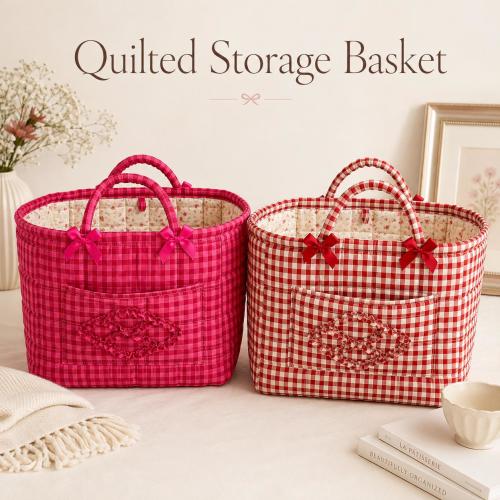 Quilted Gingham Storage Basket, Large Fabric Organizer with Handles, Nursery Toy Basket, Clothes Storage Bin, Pink or Red Plaid Home Decor