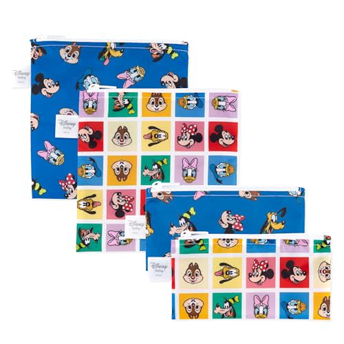 Bumkins Disney Reusable Sandwich and Snack Bags, for Kids School Lunch and for Adults Portion, Washable Fabric, Waterproof Cloth Zip Bag, Travel Pouch, Food-Safe Storage, 4-pack Set Mickey and Friends