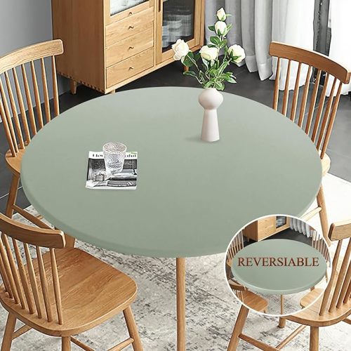 Obstal Fitted Round Table Cloth, Reversible Waterproof Stain Resistant Elastic Stretch Tablecloth, Wipe Clean Table Cover for Outdoor/Indoor Use, Fits Round Tables up to 48" - 56" Diameter, Sage Green