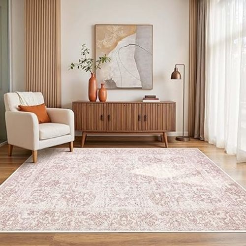 Washable Area Rug for Living Room & Bedroom, Light Pink Rugs for Women, Non Slip, Durable Low Pile Carpet, Vintage Carpets for Office, Dining Room, Kids Room and Farmhouse(4x6ft)