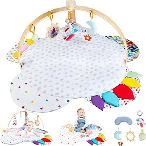 Baby Play Gym & Activity Mat | Stage-Based Developmental Activity Gym & Play Mat for Baby to Toddler, Wooden Tummy Time Mat with Detachable Sensory Toys, Baby Essentials Shower Gift | FSC-Certified