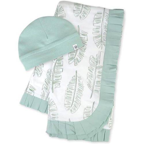HonestBaby 2-Piece Knit Stroller Blanket with Trim Detail and Baby hat, Jumbo Leaf Sage, One Size