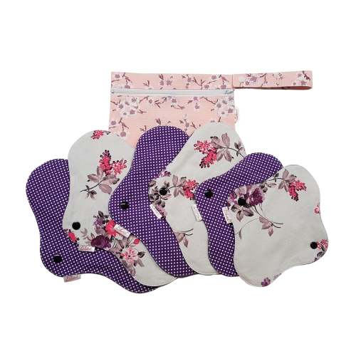 Starter Set Reusable Cloth Pads with free Bag, Waterproof Menstrual Sanitary Napkins, Lila Paris