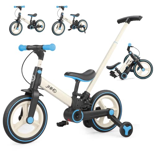 JMMD 6 in 1 Toddler Bike with Push Handle for Kids 18-60 Months, 12" Foldable Balance Bike with Training Wheels, Pedals, Brakes, Kickstand, Push Tricycle Toddler Gift & Toys for Boy & Girl