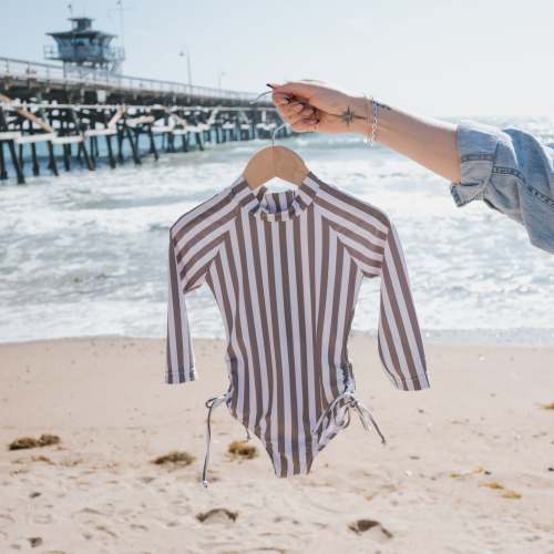 Girl's Long Sleeve Swimsuit | Olive Stripe