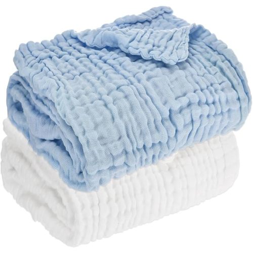 Baby Muslin Bath Towels - Set of 2 Large Size 43X43 Inches Swaddle Blanket for Newborn Toddlers Boys Girls (White & Blue)
