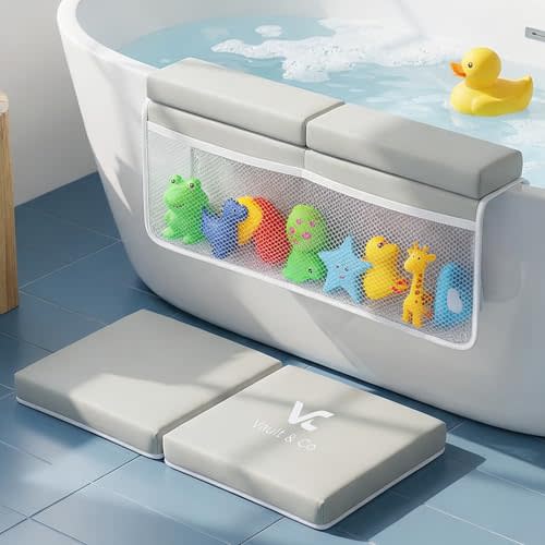 Bath Kneeler and Elbow Rest Pad Set – Extra Thick 1.5” Cushioned Baby Bath Kneeling Pad, Non-Slip Mat with Quick Dry Cover Storage Pockets, Waterproof Support & 5 Fun Bath Toys