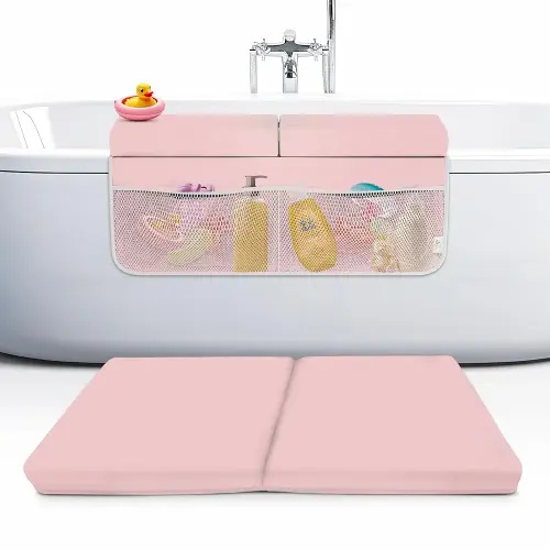 Memory Foam Bath Kneeler and Elbow Rest Pad Set, 2-Inch Thick, Water-Resistant Mat – Baby Bath Time Essentials Cushion and Bath Kneeling Pad for Bathing Baby with Bathtub Toy Organizer (Pink)