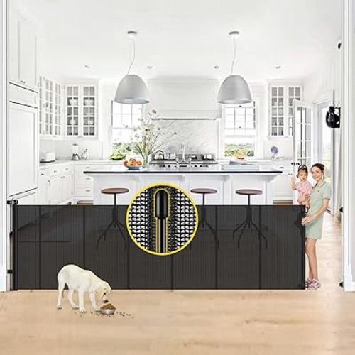 Reinforced 42” Tall x 130” Extra Wide Retractable Baby Gates Extra Tall Pet Gate for Wide Openings Long Dog gate with Rods to Prevent Crawling Through, Dog Gates for Doorways Indoor Outdoor, Black