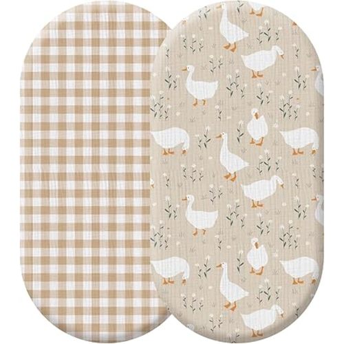 Breling 2 Pack Muslin Silly Goose and Khaki Gingham Baby Bassinet Sheets for Girls Boys Soft and Breathable Plaid Cradle Bed Cover for 32'' x 16" Oval Hourglass Infant Nursery Toddler Room Decor