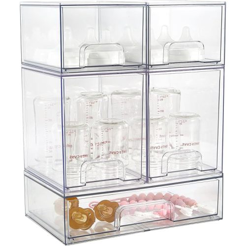 Baby Bottle Organizer, 4 Pack Clear Space-Saving Stackable Drawer with Handle, Baby Bottle Storage Organizer for Countertop and Cabinet