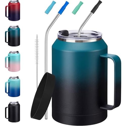 32/50oz Mug Tumbler with Handle and Straw - 32 oz Stainless Steel Wide Mouth Travel Coffee Cups w/ Lid, Reusable Home Office Work Mugs, Double Wall Vacuum Insulated Bottle Keep Cold 36 Hrs Hot 24 Hrs