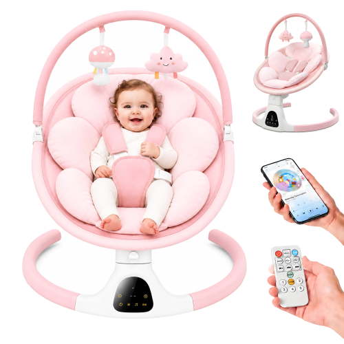 PRVAETU Baby Swing for Newborn Infants, Bluetooth Enabled, 5 Adjustable Speeds, Soothing Melodies & 5-Point Safety Harness,Pink