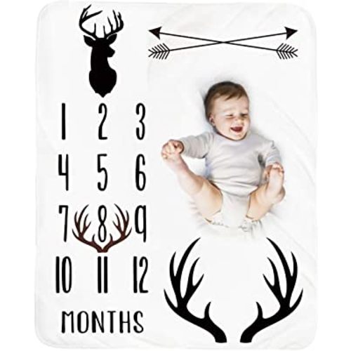 Baby Monthly Milestone Blanket Boy - Deer Newborn Month Blanket Neutral Personalized Shower Gift Woodland Nursery Decor Photography Background Prop with Frame Large 51''x40''