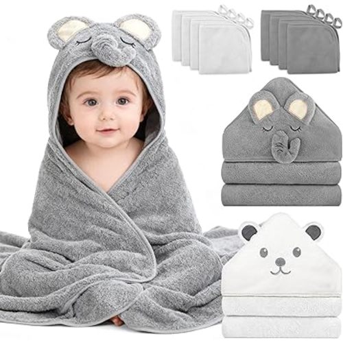 10 PCS Baby Towels Set - 2 Hooded Towels & 8 Washcloths, Ultra Soft & Absorbent Bath Towels for Newborn, Infant, Toddler, Baby Shower, Daily Use, Cute Animal Design