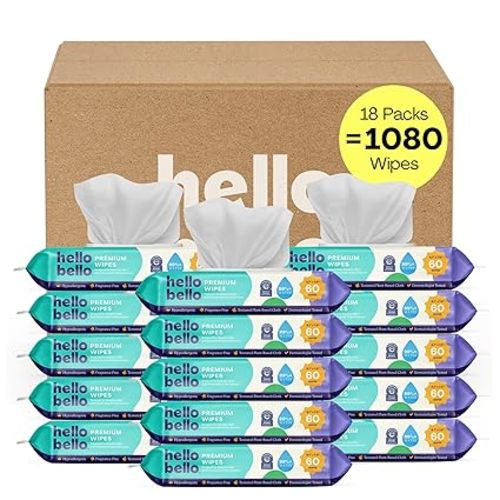 Hello Bello Premium Fragrance-Free Baby Wipes, with Chamomile & Aloe Extracts for Sensitive Skin - 18 Resealable Packs = 1080 Total Wipes