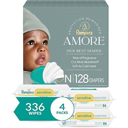 Pampers Amore, Size 0 (up to 10 lbs), 128 Count + Pampers Baby Wipes, Sensitive, Water Based Wipe, Clinically Proven, Hypoallergenic, and Unscented for Babies, 336 Wipes Total (4 Flip-Top Packs)