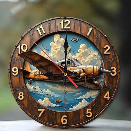 Vintage Airplane Clock Wall Decor Wooden Craft 10-Inch Wooden Wall Clock, Silent Movement, Artistic Home Decor, Perfect for Home Accents