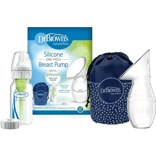 Dr. Brown's 100% Silicone One-Piece Breast Pump,Hands-Free Breast Milk Collector with Anti-Colic Options+ Baby Bottle (4 oz/120 mL),Level 1 Nipple,Travel Lid and Travel Bag