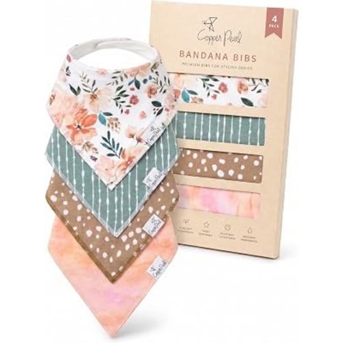 Copper Pearl Baby Bibs 4 Pack, Printed Bandana Drool Bibs for Baby Girl & Boy, Soft Cotton Drooling Teething Bibs