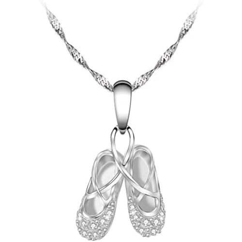 Sterling Silver Ballerina Necklace Jewelry Cubic Zirconia Ballet Slippers Shoes Necklace for Women Teen Little Girl & Dancer 18"