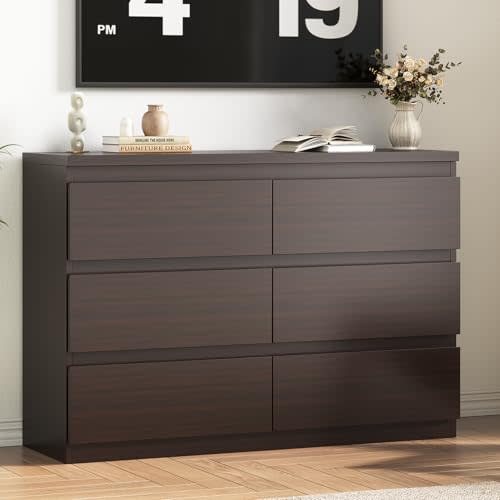 Modern 6 Drawer Dresser - Simply Chest of Drawers for Bedroom, Closet, Living Room, Hallway, Entryway, Wood Storage Double Dresser with Smooth Metal Rails - Retro Brown