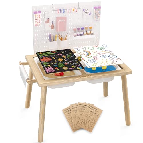 Easyego Sensory Table for Toddlers Kids Play Wooden Sand Water Table with Can DIY Creation Pegboard & Foldable Storage Bins for Indoor and Outdoor Use,Birthday Gifts for Boys and Girls - Natural Color