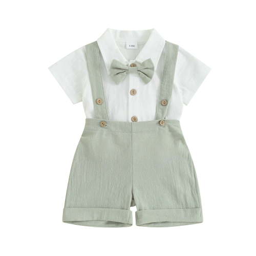 Loicainy Baby Infant Boy Gentleman Outfit 3 6 9 12 18 24 Month Solid Color Short Sleeves Romper with Bow Tie and Overalls Shorts Set for Formal Wear