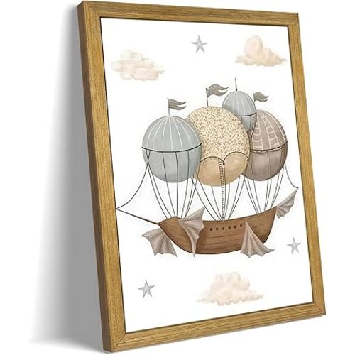 Wood Framed Canvas Wall Art, Baby Boy Nursery Decor, Vintage Airship Boy Room Wall Decor, Hot Air Balloon Print Poster, Cute Travel Adventure Artwork Kids Room Boys Bedroom Playroom 12x16 Inch
