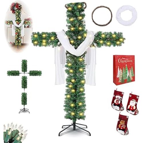 Cross Christmas Tree - 6 Ft Pre-Lit Artificial Pine Cross With LED Lights and White Crown Silk (4ft)